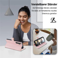 Handykette Samsung Hülle mit Band Handyhülle Kartenfächer PU Leder Umhängetasche Galaxy A55 Rosa