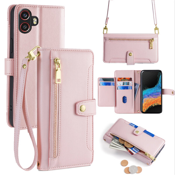 Handykette Samsung Hülle mit Band Handyhülle Kartenfächer PU Leder Umhängetasche Galaxy Xcover 6 Pro Rosa