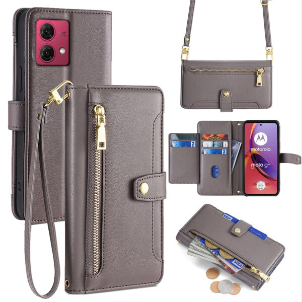 Handykette Motorola Hülle mit Band Handyhülle Kartenfächer Leder Umhängetasche Moto G84 Grau