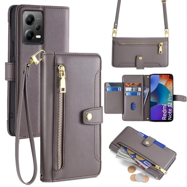 Handykette Xiaomi Hülle mit Band Handyhülle Kartenfächer PU Leder Umhängetasche Redmi Note 12 5G / Poco X5 5G Grau