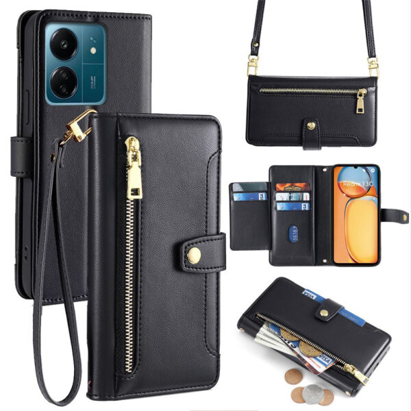 Handykette Xiaomi Hülle mit Band Handyhülle Kartenfächer PU Leder Umhängetasche Redmi 13C / Poco C65 Schwarz