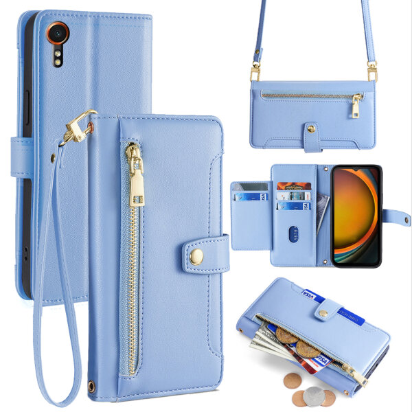 Handykette Samsung Hülle mit Band Handyhülle Kartenfächer PU Leder Umhängetasche Galaxy Xcover 7 Hellblau