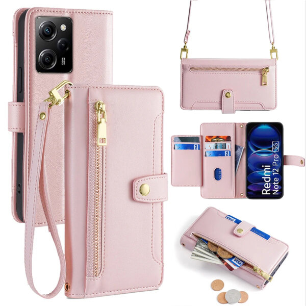 Handykette Xiaomi Hülle mit Band Handyhülle Kartenfächer PU Leder Umhängetasche Redmi Note 12 Pro 5G / Poco X5 Pro 5G Rosa
