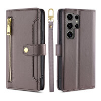 Handykette Samsung Hülle mit Band Handyhülle Kartenfächer PU Leder Umhängetasche Galaxy S24 Ultra Grau