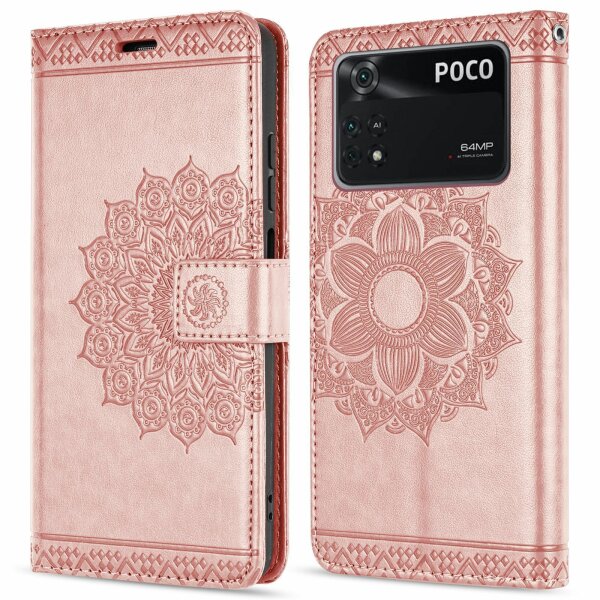 Handyhülle Hülle für Xiaomi POCO M4 Pro 4G, Handy Tasche Schutz Flip Case Schale Rosegold