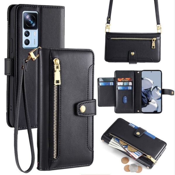 Handykette Xiaomi Hülle mit Band Handyhülle Kartenfächer PU Leder Umhängetasche 12T / 12T Pro Schwarz
