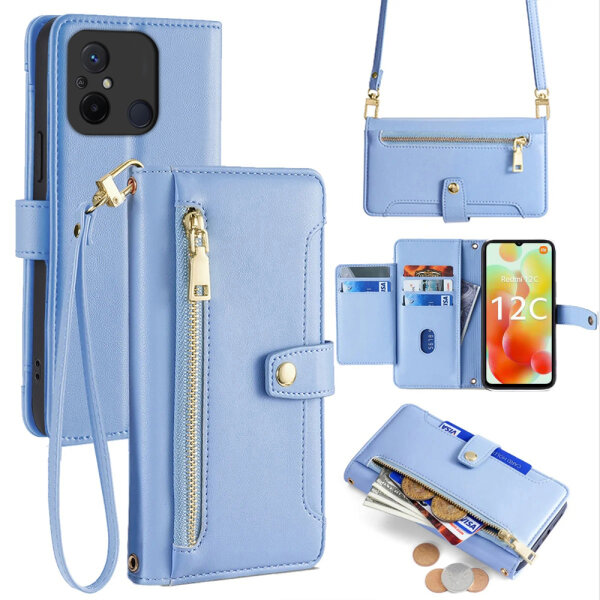 Handykette Xiaomi Hülle mit Band Handyhülle Kartenfächer PU Leder Umhängetasche Redmi 12C Hellblau