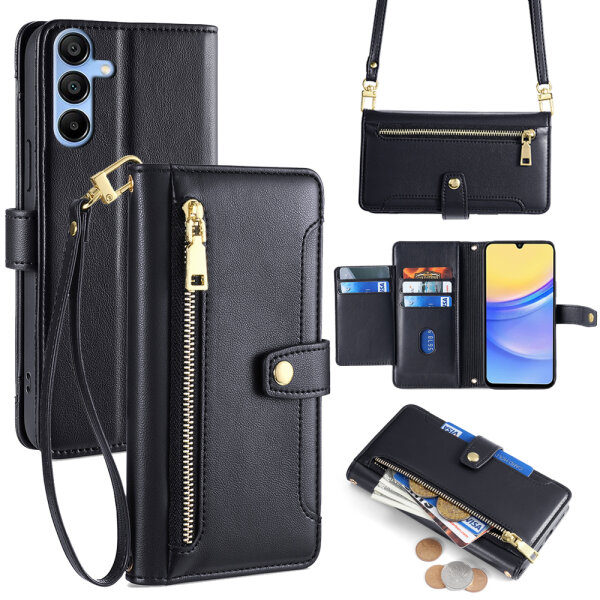 Handykette Samsung Hülle mit Band Handyhülle Kartenfächer PU Leder Umhängetasche Galaxy A15 Schwarz
