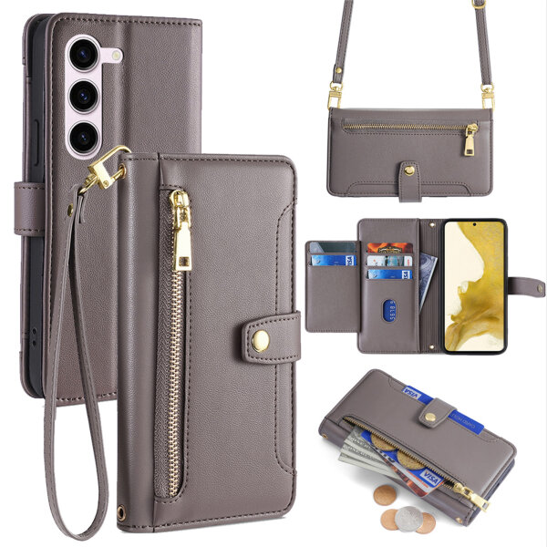 Handykette Samsung Hülle mit Band Handyhülle Kartenfächer PU Leder Umhängetasche Galaxy S22 Grau