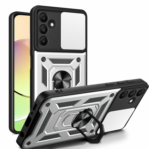 Outdoor Panzer Hülle für Samsung Galaxy A15 mit Kameraschutz Ringhalter Bumper  Silber