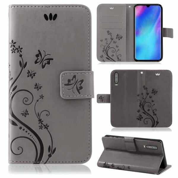 Huawei Handy Tasche Handyhülle Schutz Hülle Blumen Flip Cover Buch Case Etui Huawei P30 Grau
