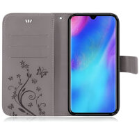Huawei Handy Tasche Handyhülle Schutz Hülle Blumen Flip Cover Buch Case Etui Huawei P30 Grau