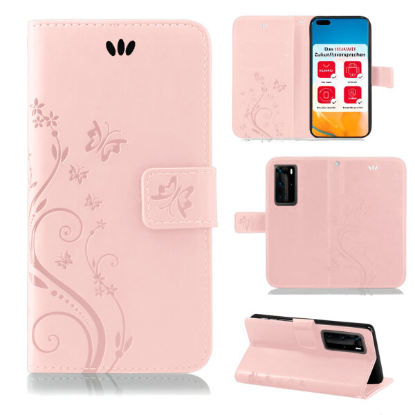Huawei Handy Tasche Handyhülle Schutz Hülle Blumen Flip Cover Buch Case Etui Huawei P40 Pro Rosegold