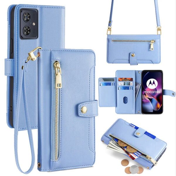 Handykette Motorola Hülle mit Band Handyhülle Kartenfächer Leder Umhängetasche Moto G54 Hellblau