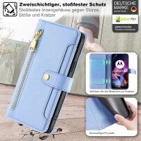 Handykette Motorola Hülle mit Band Handyhülle Kartenfächer Leder Umhängetasche Moto G54 Hellblau