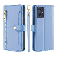 Handykette Motorola Hülle mit Band Handyhülle Kartenfächer Leder Umhängetasche Moto G54 Hellblau