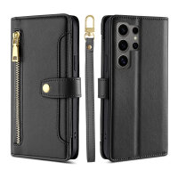 Handykette Samsung Hülle mit Band Handyhülle Kartenfächer PU Leder Umhängetasche Galaxy S24 Ultra Schwarz