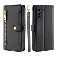 Handykette Samsung Hülle mit Band Handyhülle Kartenfächer PU Leder Umhängetasche Galaxy S21 FE Schwarz