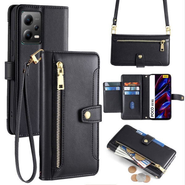 Handykette Xiaomi Hülle mit Band Handyhülle Kartenfächer PU Leder Umhängetasche Redmi Note 12 5G / Poco X5 5G Schwarz