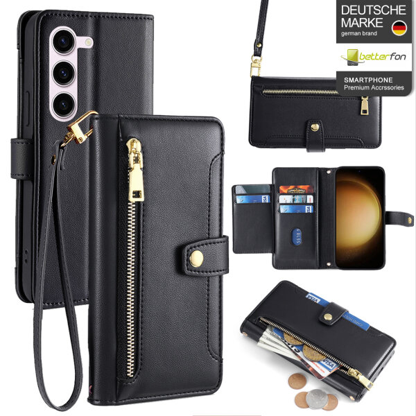 Handykette Samsung Hülle mit Band Handyhülle Kartenfächer PU Leder Umhängetasche Galaxy S24+ Schwarz