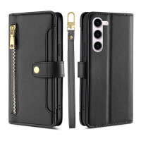 Handykette Samsung Hülle mit Band Handyhülle Kartenfächer PU Leder Umhängetasche Galaxy S24+ Schwarz