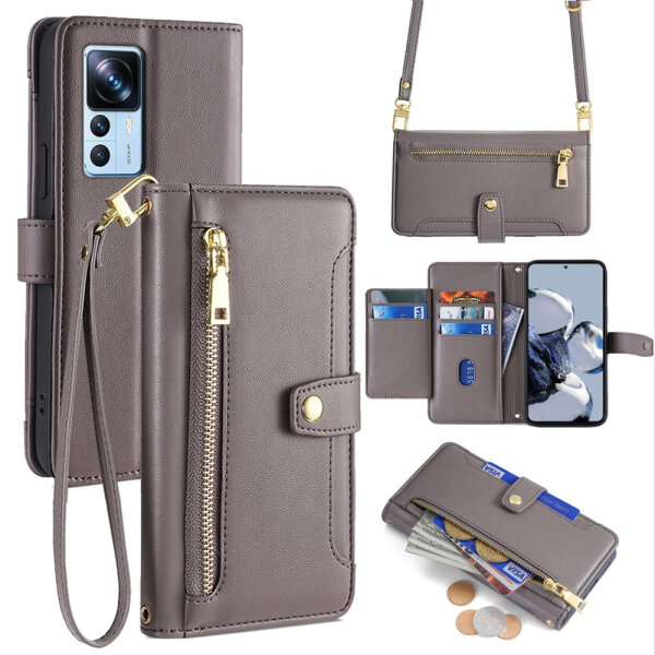 Handykette Xiaomi Hülle mit Band Handyhülle Kartenfächer PU Leder Umhängetasche 12T / 12T Pro Grau