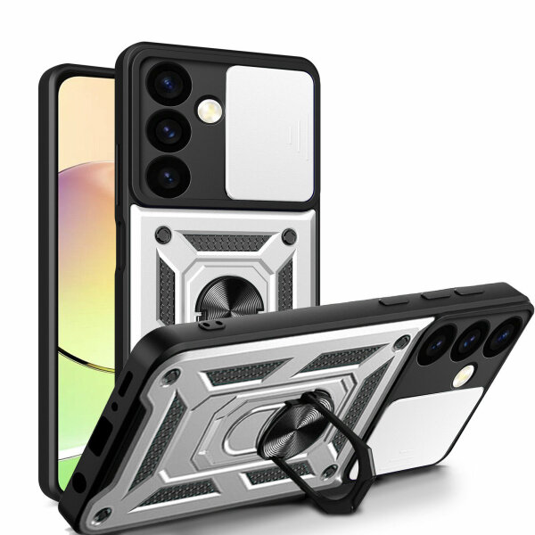 Outdoor Panzer Hülle für Samsung Galaxy S24+ mit Kameraschutz Ringhalter Bumper Silber