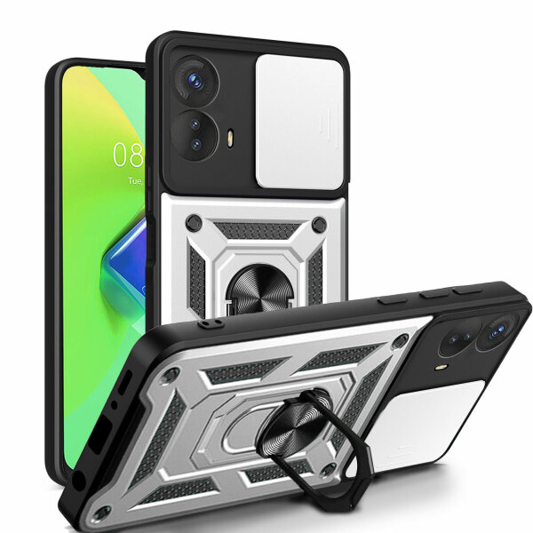 Outdoor Panzer Hülle Motorola Moto G73 5G Handyhülle mit Kameraschutz Ringhalter Silber