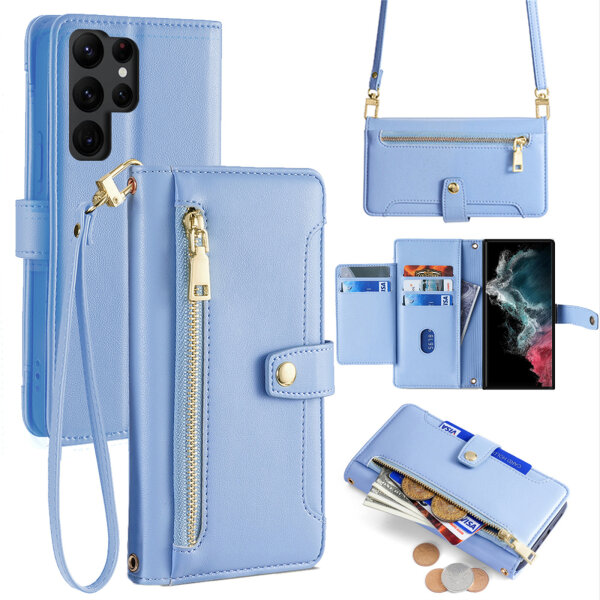 Handykette Samsung Hülle mit Band Handyhülle Kartenfächer PU Leder Umhängetasche Galaxy S22 Ultra Hellblau
