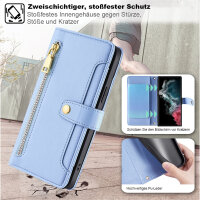 Handykette Samsung Hülle mit Band Handyhülle Kartenfächer PU Leder Umhängetasche Galaxy S22 Ultra Hellblau