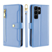 Handykette Samsung Hülle mit Band Handyhülle Kartenfächer PU Leder Umhängetasche Galaxy S22 Ultra Hellblau