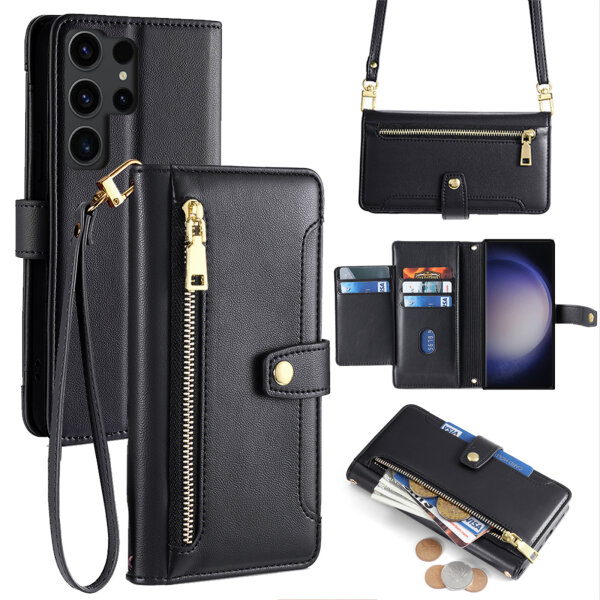 Handykette Samsung Hülle mit Band Handyhülle Kartenfächer PU Leder Umhängetasche Galaxy S23 Ultra Schwarz