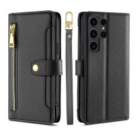 Handykette Samsung Hülle mit Band Handyhülle Kartenfächer PU Leder Umhängetasche Galaxy S23 Ultra Schwarz