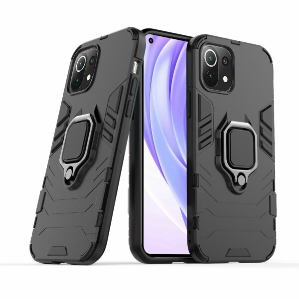 Schutz Hülle für Xiaomi Mi 11 Lite 5G / 4G Ring Case Cover Handy Tasche Outdoor  Schwarz