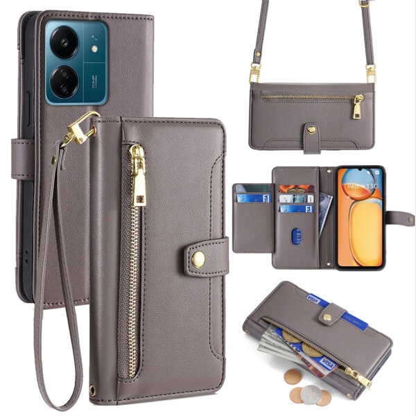 Handykette Xiaomi Hülle mit Band Handyhülle Kartenfächer PU Leder Umhängetasche Redmi 13C / Poco C65 Grau