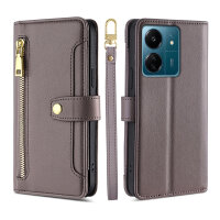 Handykette Xiaomi Hülle mit Band Handyhülle Kartenfächer PU Leder Umhängetasche Redmi 13C / Poco C65 Grau