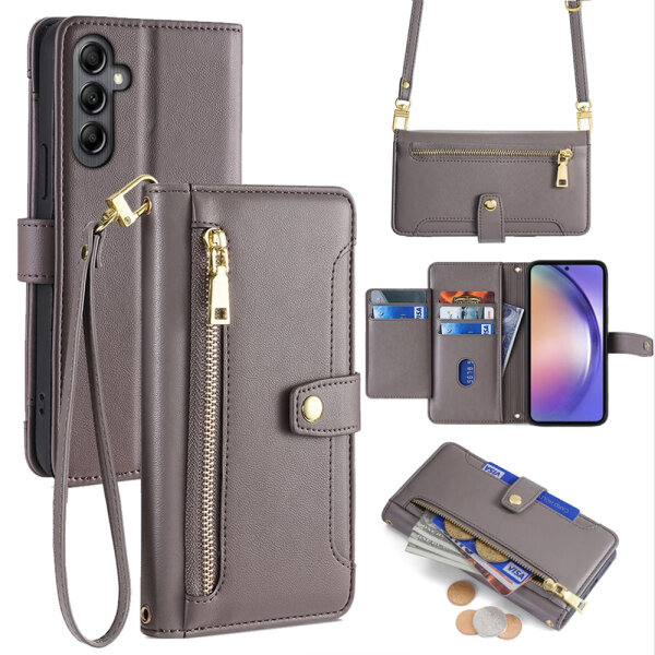 Handykette Samsung Hülle mit Band Handyhülle Kartenfächer PU Leder Umhängetasche Galaxy A34 Grau