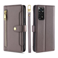 Handykette Xiaomi Hülle mit Band Handyhülle Kartenfächer PU Leder Umhängetasche Redmi Note 11 / 11S 4G Grau