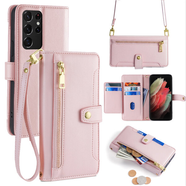 Handykette für Samsung Galaxy S21 Ultra – Handyhülle mit Band PU-Leder Rosa