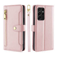 Handykette für Samsung Galaxy S21 Ultra – Handyhülle mit Band PU-Leder Rosa