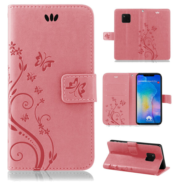 Huawei Handy Tasche Handyhülle Schutz Hülle Blumen Flip Cover Buch Case Etui Huawei Mate 20 Pro Rosa