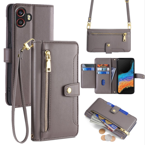 Handykette Samsung Hülle mit Band Handyhülle Kartenfächer PU Leder Umhängetasche Galaxy Xcover 6 Pro Grau