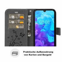 Huawei Handy Tasche Handyhülle Schutz Hülle Blumen Flip Cover Buch Case Etui Huawei Y5 2019 Blau