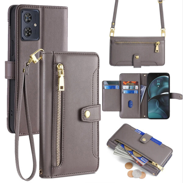 Handykette Motorola Hülle mit Band Handyhülle Kartenfächer Leder Umhängetasche Moto G14 Grau