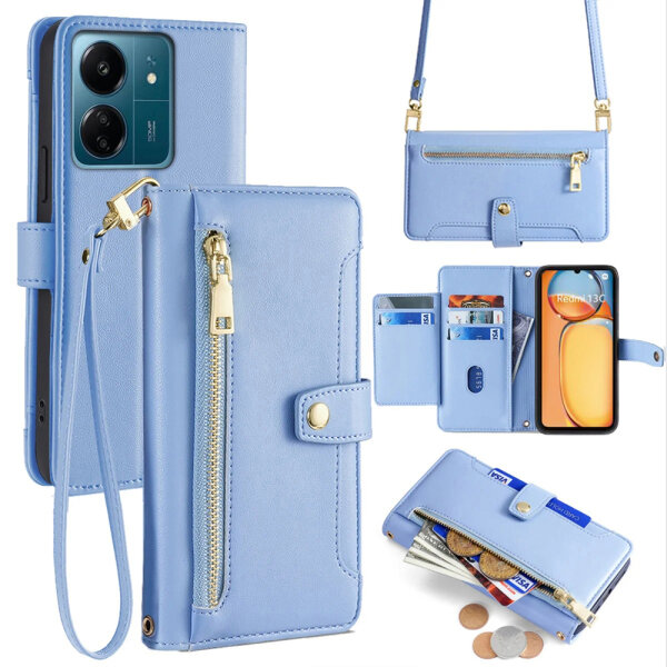 Handykette Xiaomi Hülle mit Band Handyhülle Kartenfächer PU Leder Umhängetasche Redmi 13C / Poco C65 Hellblau
