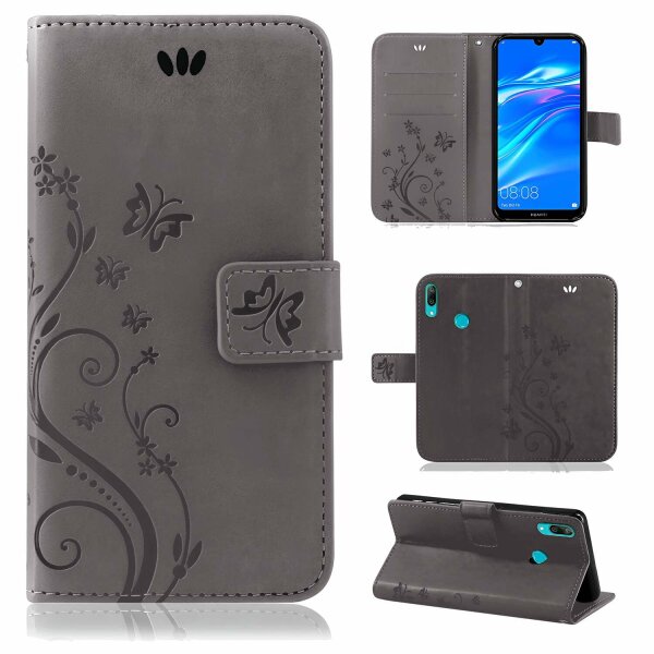Huawei Handy Tasche Handyhülle Schutz Hülle Blumen Flip Cover Buch Case Etui Huawei Y7 2019 Grau