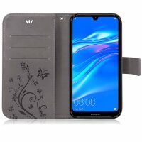 Huawei Handy Tasche Handyhülle Schutz Hülle Blumen Flip Cover Buch Case Etui Huawei Y7 2019 Grau