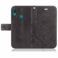 Huawei Handy Tasche Handyhülle Schutz Hülle Blumen Flip Cover Buch Case Etui Huawei Y7 2019 Grau