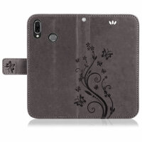 Huawei Handy Tasche Handyhülle Schutz Hülle Blumen Flip Cover Buch Case Etui Huawei P Smart 2019 / Honor 10 Lite Grau