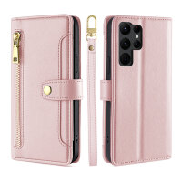 Handykette Samsung Hülle mit Band Handyhülle Kartenfächer PU Leder Umhängetasche Galaxy S22 Ultra Rosa